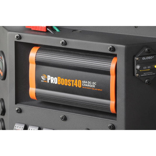 BMPRO Canopy Distribution Charging Board Inc Battery Display and 40 Amp Pro Boost 40 Solar DC-DC Charger
