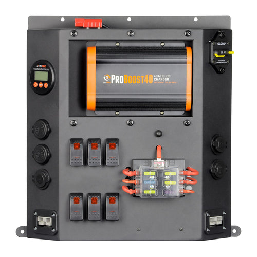 BMPRO Canopy Distribution Charging Board Inc Battery Display and 40 Amp Pro Boost 40 Solar DC-DC Charger