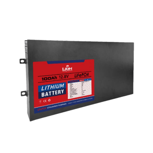 Lion 110AH Lithium Deep Cycle Battery Slim Steel Case 600x62x275mm 14.5Kg